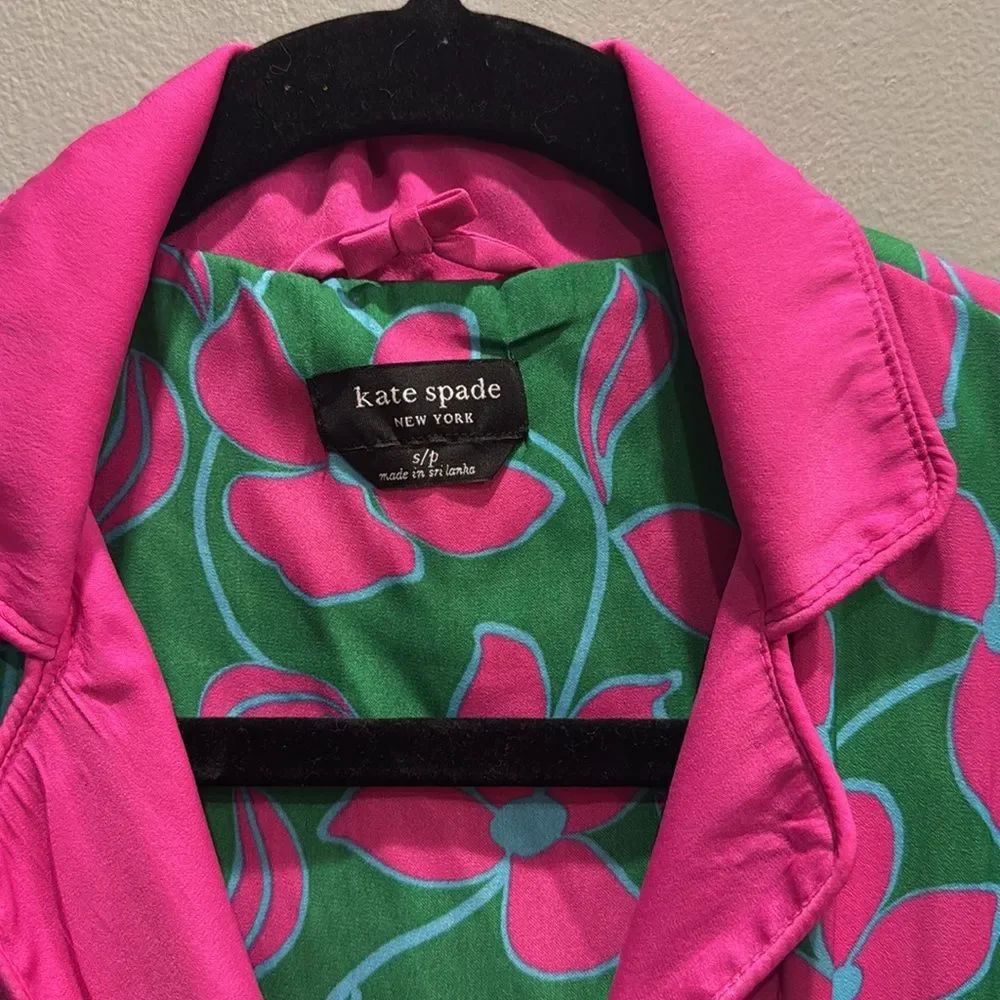 Kate Spade‎ Floral Vines Satin Notch Collar Long PJ Top Size Small